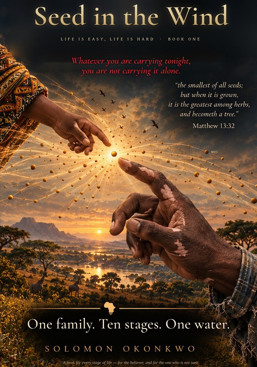 The cover of Seed in the Wind: two hands reaching toward a glowing seed over an African savanna at sunset.